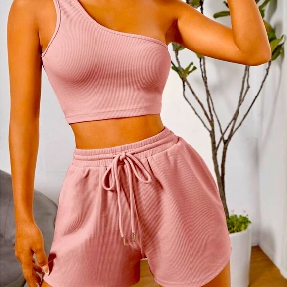 SHEIN Tops - SHEIN Petite Ribbed Knot One Shoulder Crop Top & Drawstring  Waist Short